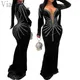 Women Sexy Velvet Mesh Rhinestone V-Neck Floor-Length Evening Party Dress Long Sleeve Back Zipper