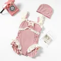 1 Piece Korean Fashion Baby Swimsuit for Girls Pink Beige Color Bow Toddler Girls Swimwear Hat Set