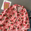 Japan Kawaii Fruit Strawberry Graffiti Button Up Shirt Cute Sweet Girl Teens POLO Shirts Short