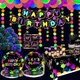Glow in the dark Party Supplies Neon Birthday Party Decoration Disposable Paper Plates Plastic