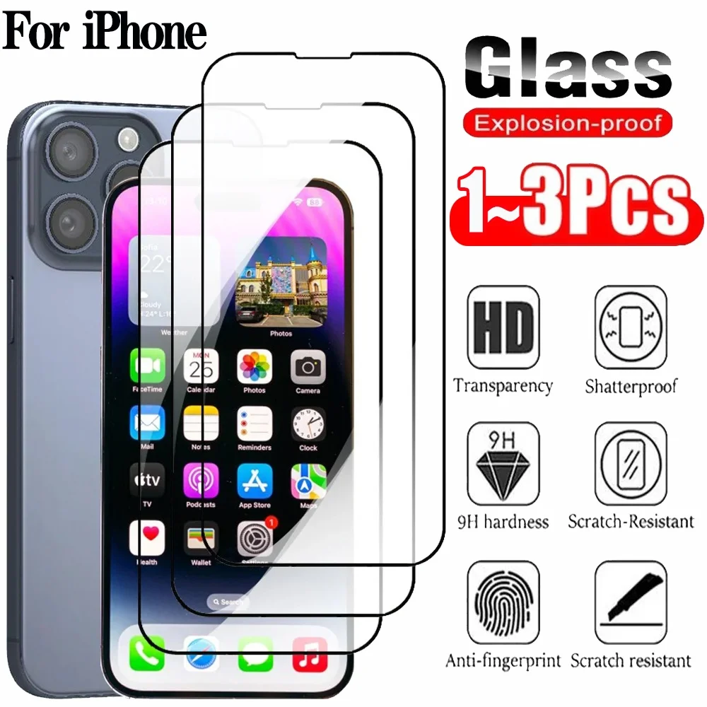1~3pcs Protective Glass For iPhone 17 17E 16 15 Pro Max Screen Protectors iPhone 14 13 12 11 Pro Max Tempered Glass iPhone 17 Pro Max Pelicula Cristal Templado iPhone 17 ProMax Anti-Scratch Phone