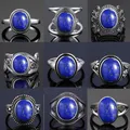925 Sterling Silver Natural Big Oval Natural Lapis Lazuli Ring for Women Men Gift Vintage Large Ring