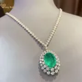 Wong Rain Vintage 100% 925 Sterling Silver Oval Cut Emerald High Carbon Diamond Gemstone Pendant