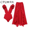 CPUTAN 2024 New Sexy 3D Flower Bikini Set Red Ruffle High Waist Bathing Suit Dress Beach Skirt