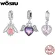 WOSTU 925 Sterling Silver Change Color Roseflower Charms Rainbow Mystic Heart Pendants Pink Beads