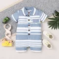 PatPat Baby Boy Blue Striped Polo Neck Short-sleeve Button Front Romper Suitable for Summer Season