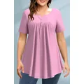 Plus Size Fashion A Line Women Blouse Casual Purple Pleated Decorative Button Round Neck T-Shirt