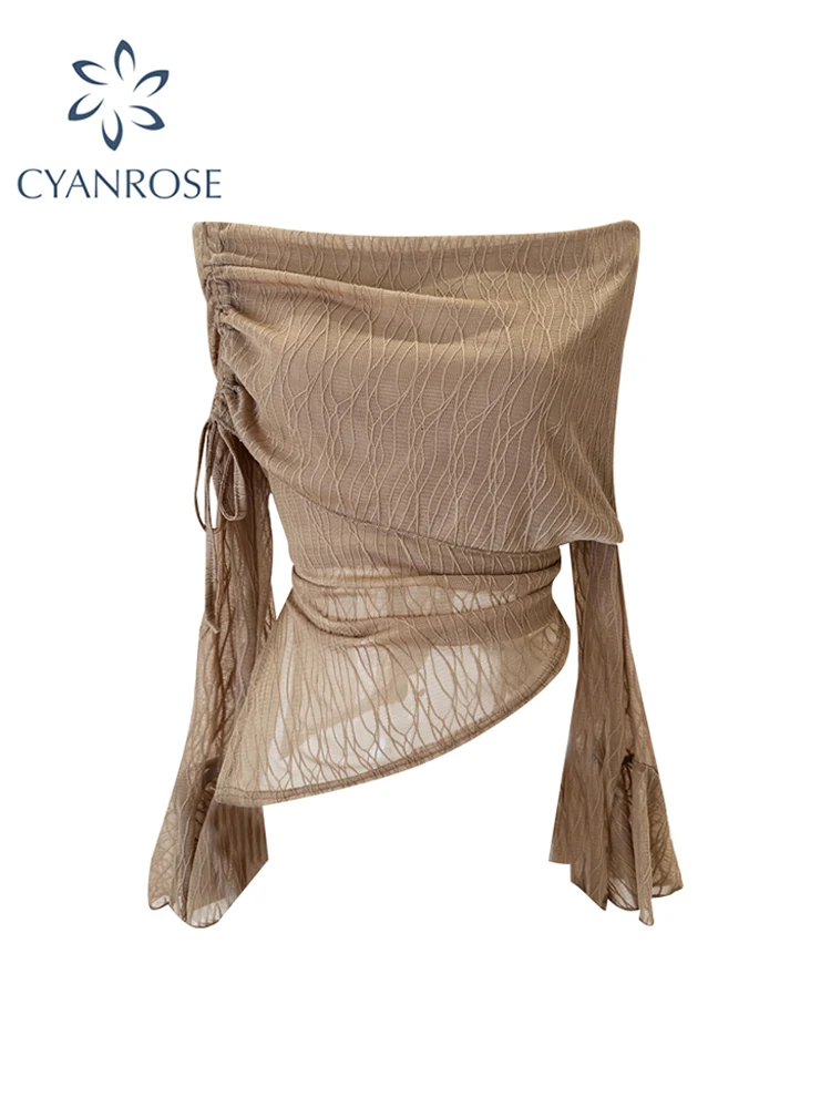 Women's Khaki Slash Neck T-shirt Harajuku Korean Y2k Tee Top 2000s Clothes Aesthetic Fashion Long Sleeve Vintage T-shirts Autumn