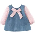 Spring Autumn Newborn Girls Clothes Korean Cute Bow Long Sleeve Denim Princess Kids Dresses Birthday