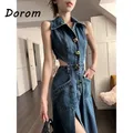 Vintage Blue Denim Sleeveless Dress Outfits Women Summer Sexy Backless Single-breasted Slit Jeans