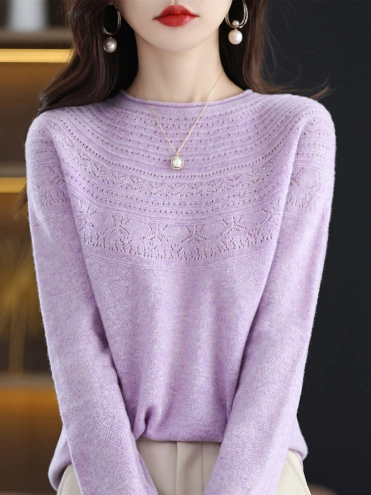 Women 100% Merino Wool Sweater Autumn Winter Pullovers O-Neck Hollow Cashmere Knitwear Female Basic Bottoming Clothing Tops
