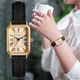 Women Watch Rectangle Case Gold Dial Quartz Wristwatch Simple Roman Numerals Female Black Strap