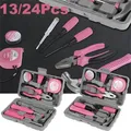 13/24Pcs Household Repair Tool Kit Multi-Purpose Pink Hand Tool Set with Storage Case Durable Hammer