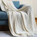 White Knitted Throw Blankets With Tassels Soft and Warm Decorative Cozy Woven Boho Vintage Gift