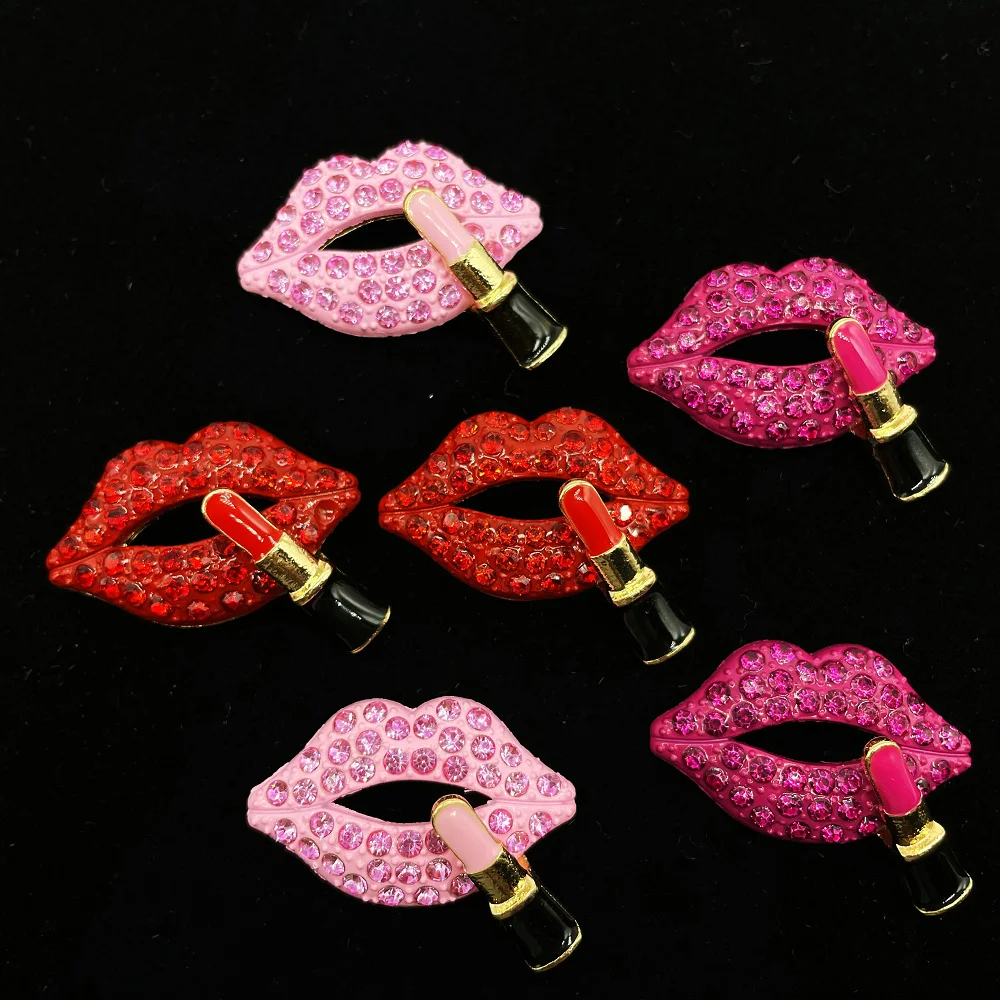 5Pcs Rhinestone Alloy Lipstick Button Red Pink Lips Accessories For DIY Crafts Headwear Brooch Pin Badge Bag Clothing Decoration