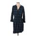 PrAna Cocktail Dress - Shirtdress V Neck 3/4 sleeves: Blue Grid Dresses - Women's Size Small