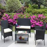 4 Pieces Conversation Sets Outdoor Patio Wicker Chairs Garden Poolside Loveseat with Soft Cushion and Glass Table, Black+White