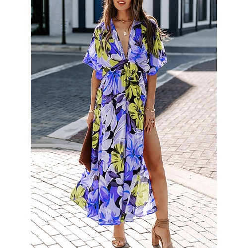 Per donna Abito Lungo Maxi Abito Vestito Casual Vestito in Chiffon Vestito a ruota Abito a trapezio Streetwear Linea A Vacanza Streetwear Ferie Vestibilità regolare Floreale Manica Corta Scollo a V