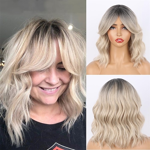 Platinblonde, gewellte Bob-Perücke mit Vorhang-Pony für Frauen, Ombre-Blonde, lockige Bob-Perücke für weiße Frauen, synthetische Ombre, hellbraune, gewellte Perücke mit dunklen Wurzeln, kurze, blonde, Image