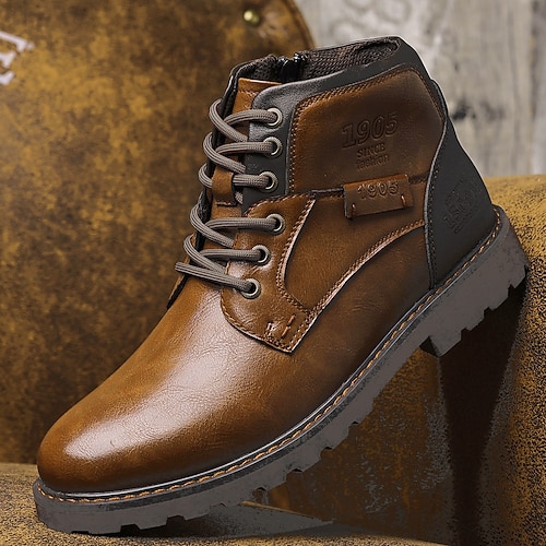 Herrenstiefelette aus braunem Kunstleder – robuster Arbeitsstiefel mit Schnürung und rutschfester Sohle für Outdoor Freizeit Image
