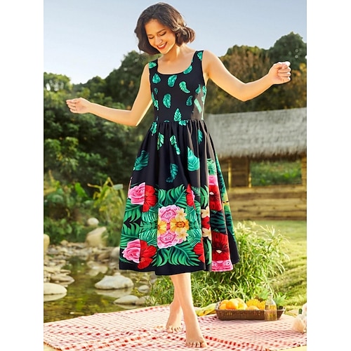 Retro Vintage 1950er Cocktailkleid A-Linie Kleid Blumenkleid Ausgestelltes Kleid Kostüm Damen Karneval Maskerade Mexikos Unabhängigkeitstag Cinco de Mayo Fiesta Junggesellinnenabschiedsparty Image