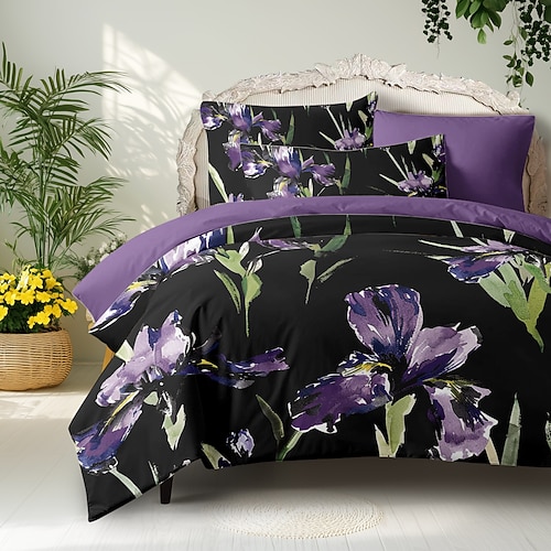 Lila-schwarzes Bettbezug-Set mit Blumenmuster, King- und Queen-Size-Größe, 3-teiliges Set aus Mikrofaser-Bettwäsche, perfekt als Muttertagsgeschenk, superweich, hautfreundlich, langlebig Image
