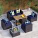 8 Pieces Patio Furniture Set with 45 Plate Embossing Propane Fire Table Outdoor PE Rattan Sectional Sofa Set Patio Gas Fire Pit Conversation Set with Blue Cushions & Glass Table