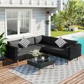 Soges 5 Seat Outdoor Wicker Sofa Set with Coffee Table Patio Furniture with Colorful Pillows L-shape Sofa Set with Glass Table Gray Cushions and Black Rattan