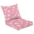 2 Piece Indoor/Outdoor Cushion Set White doodle chamomile daisy flowers pink background Hand drawn floral Casual Conversation Cushions & Lounge Relaxation Pillows for Patio Dining Room Office Seating