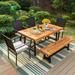 & William 6 Pieces Patio Dining Set for 6 4 PE Rattan Chairs and 1 Rectangular Acacia Wood Table and 1 Bench Outside Table and Chairs with Cushions Outdoor Furniture for Decker Yar