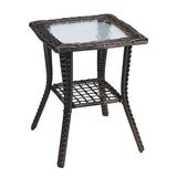 LemoHome Outdoor Wicker Side Table Rattan End Table with Glass Top Patio Coffee Bistro Table for Indoor Garden Porch Balcony Brown