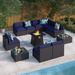 6 Pieces Outdoor Patio Furniture Set with 45 Plate Embossing Propane Fire Pit Table Outdoor Wicker Sectional Sofa Conversation Set with Blue Cushions & Coffee Table
