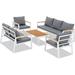 Aluminum Patio Furniture Set 5 Pieces Outdoor Conversation Set with Teak Wood Top Coffee Table Sectional Sofa Set with Wood Armrest and Cushions for Outside Poolside Lawn Backyard Gr