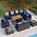 8 Pieces Patio Furniture Set with 45 Plate Embossing Propane Fire Table Outdoor PE Rattan Sectional Sofa Set Patio Gas Fire Pit Conversation Set with Blue Cushions & Glass Table