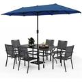 VILLA Outdoor 10ft Patio Umbrella Set for 4 with 5 Pieces Dining Table Chairs Metal Outdoor Stackable Wrought Iron Chair Set of 4 & 37 Metal Table 3 Tier Vented Dark Blue Umbrel