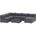 Patio Furniture Set 8 Pieces Sectional Sofa All Weather PE Plastic Rattan Conversation Set Tempered Glass Table 6 Seats 1 Ottoman Footstool Soft Cushions for Lawn Backyard Grey