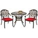 Haverchair 3 Piece Bistro Set Outdoor Cast Aluminum Patio Dining Set Table and Chairs Outside Bistro Furniture 2 Chairs with Red Cushions and 1 Umbrella Table for Lawn Garden