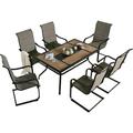 7 Pieces Patio Dining Furniture Set Outdoor High Back C Spring Motion Sling Chairs with Cotton-Padded Set of 6 Outdoor Rectangular Steel Dining Table with Umbrella Table