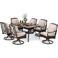 7 PCS Patio Dining Set Outdoor Table and Chair Furniture Set with 6 Metal Swivel Chairs and 1 Retangle Wood-Like Table 1.57 Umbrella Hole