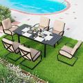 Patio Dining Set for 4 Outdoor Furniture Square Bistro Table with 1.57 Umbrella Hole 4 Spring Motion Chairs with Cushion Beige for Backyard Garden Lawn