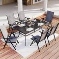 Outdoor Dining Set for 6 Aluminum Height Adjustable Folding Chair and Heavy-Duty Black Slat Metal Table Patio Furniture Dining Table Set Black