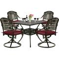 VIVIJASON 5-Piece Outdoor Patio Dining Set All-Weather Cast Aluminum Conversation Set for Balcony Patio Furniture Set Include 4 Swivel Cushioned Chairs 1 Square Table w/Umbrella Hole Red Cushion