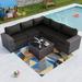 Outdoor Patio Furniture Set 6 Pieces Sectional Rattan Sofa Set Brown PE Rattan Wicker Patio Conversation Set with 5 Navy Blue Seat Cushions and 1 Tempered Glass Table