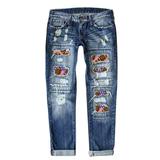 SZXZYGS Womens Jeans Mid Rise Baggy Womens Jeans Baseball Print Ripped Pants Easter