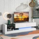 RUNFAYBIU LED TV Stand with Two Media Cabinets Modern High Gross Entertainment Center for 75 Inch TV 16-Color RGB LED Color Changing Lights for Living Room White