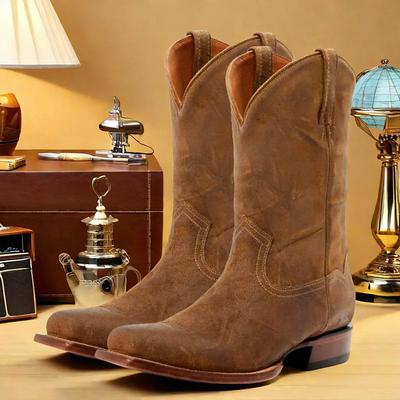 Men's Vintage Faux Leather Western Cowboy Boots - Classic Square Toe Design for Rodeo, Ranch, and Casual Wear