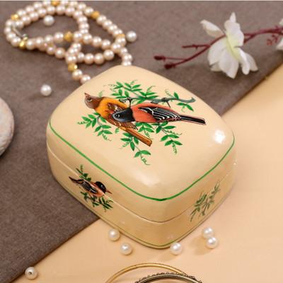 Bird Saga,'Bird-Themed Green and Ivory Papier Mache Decorative Box'