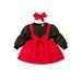 Lamuusaa Toddler Girl Valentine s Day Dress Fake Two Pieces Round Neck Long Puff Sleeve Bow Decor A-Line Dress with Headband