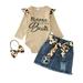 Youmylove Toddler Girls Winter Long Sleeve Leopard Printed Ribbed Romper Bodysuit Denim Skirt Belt Headband 4PCS Outfits Baby Clothes Set Child Dailywear