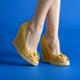 Gucci Shoes | Gucci Mustard Raffia Charlotte Horsebit Peep Toe Wedge Pumps, Size 38.5 | Color: Yellow | Size: 38.5eu